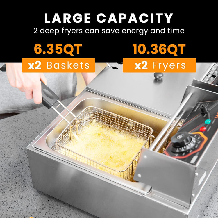 VIVOHOME 110V 20.7 Qt Commercial Electric Deep Fryer with 2 x 6.35 QT Removable Baskets, Overheat Protection