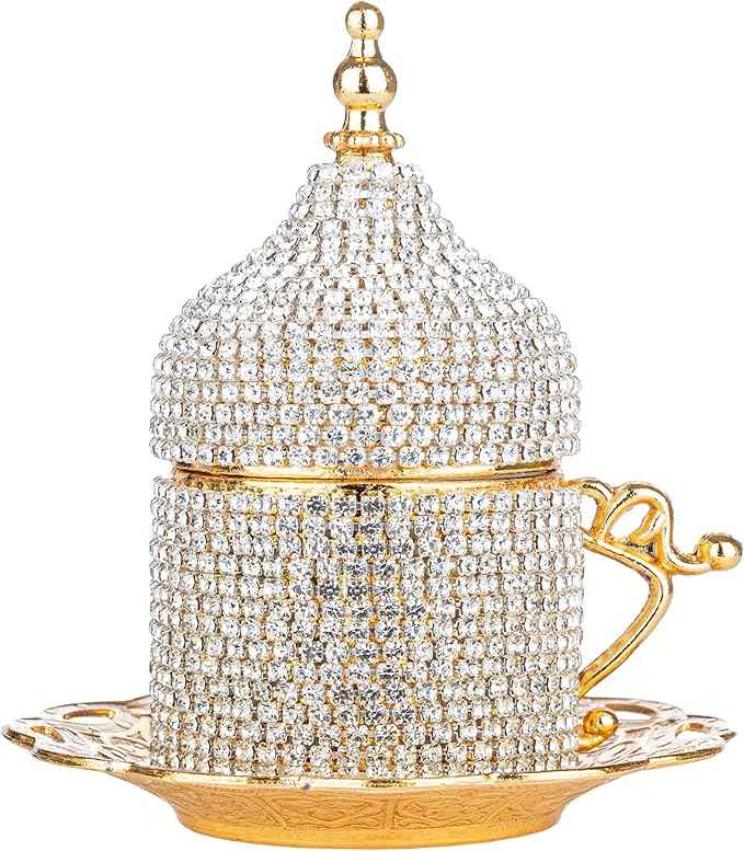 Alisveristime Crystal Embellished Turkish Coffee Set – 27 Pieces – Decorative Zamac Espresso Cups, Saucers and Sugar Bowl with Tray – Available in Three Color Variations (Gold)