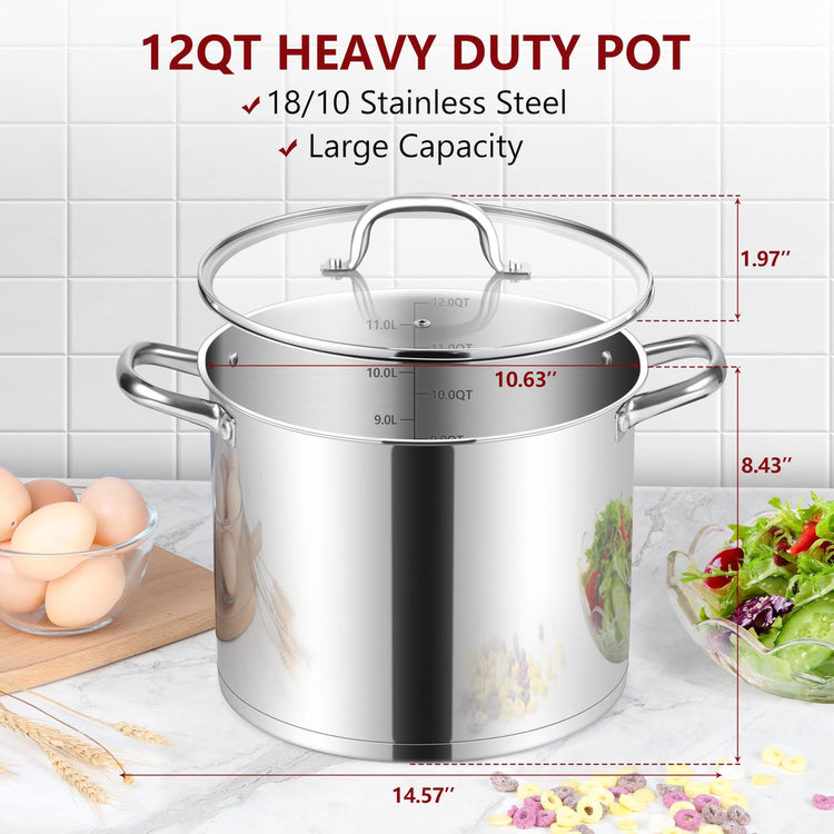 12-Quart 18/10 Stainless Steel Stock Pot with Lid, Large Heavy Duty Soup Pot Compatible with Electric, Gas, Induction and Various Cooktops, Dishwasher Safe