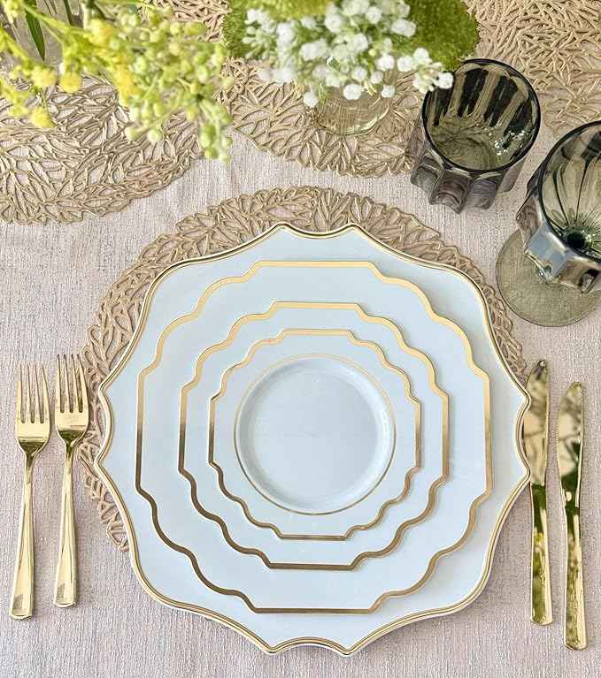 " OCCASIONS " 640 Piece set (80 Guests)-Heavyweight Wedding Party Disposable Plastic Plate Set - 80 x 10.5'' + 80 x 8'' + Silverware + Cups + Napkins (Imperial White & Gold)