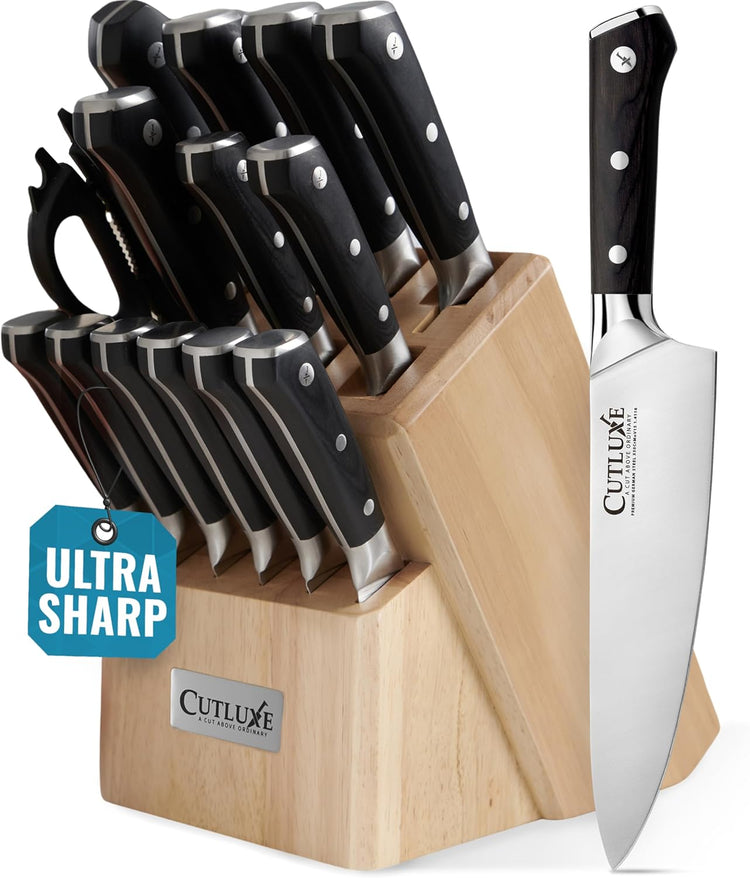 Cutluxe 15-Piece Knife Set – Premium Rubberwood Wood Block – Knife Set for Kitchen, Ultra Sharp High Carbon German Stainless Steel, Full Tang – Artisan Series
