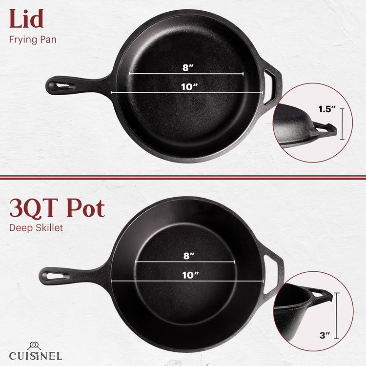 Cuisinel Cast Iron 2-In-1 Multi Cooker - 3-Quart Dutch Oven and Skillet Lid Set Oven Safe Cookware + Black Pan Scraper - Use As Dutch Oven and Frying Pan - Indoor and Outdoor Use - Grill, Stovetop - Nestoria