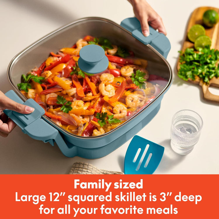 bella Make & Take Electric Skillet, Fits-anywhere™ kitchenware, EverGood™ Ceramic Coating, Adjustable Temperature & Dishwasher-Safe Tempered Glass Lid, Cast Aluminum Base, 1200 Watt, Surf
