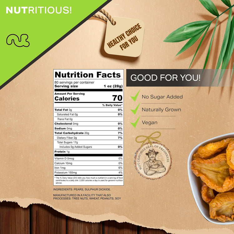 NUT CRAVINGS - Sun Dried California Pears, No Sugar Added (80oz, 5 LB, Bulk) Bulk Dry Fruits Packed Fresh in Resealable Bag - Sweet Healthy Snack, Naturally Grown, Vegan, Kosher