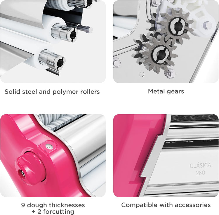 PASTALINDA Classic 260 Pasta Maker Machine, 26 cm Wide Rollers, 9 Thickness Positions, 2 Cutting Positions, Stainless Steel. Includes Reinforced Hand Crank And Two Clamps (Fuchsia)