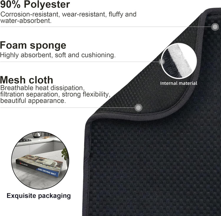 2-Pack Black Dish Drying Mats 20" x 15" – XL Dish Drying Mats for Kitchen Counter, Kitchen Dish Drying Mat, Microfiber Dish Drying Mat, Foldable Drying Mat for Dishes, Pots, Pans (Black)