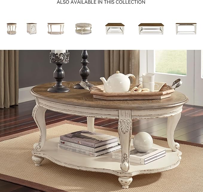 Signature Design by Ashley Realyn Farmhouse Chair Side End Table with Cabinet For Storage, Antique White & Brown