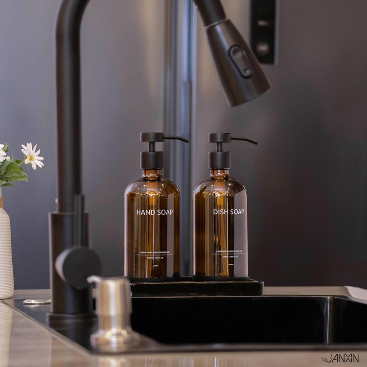 Glass Kitchen Soap Dispenser Set with Ceramic Tray (2 Count)