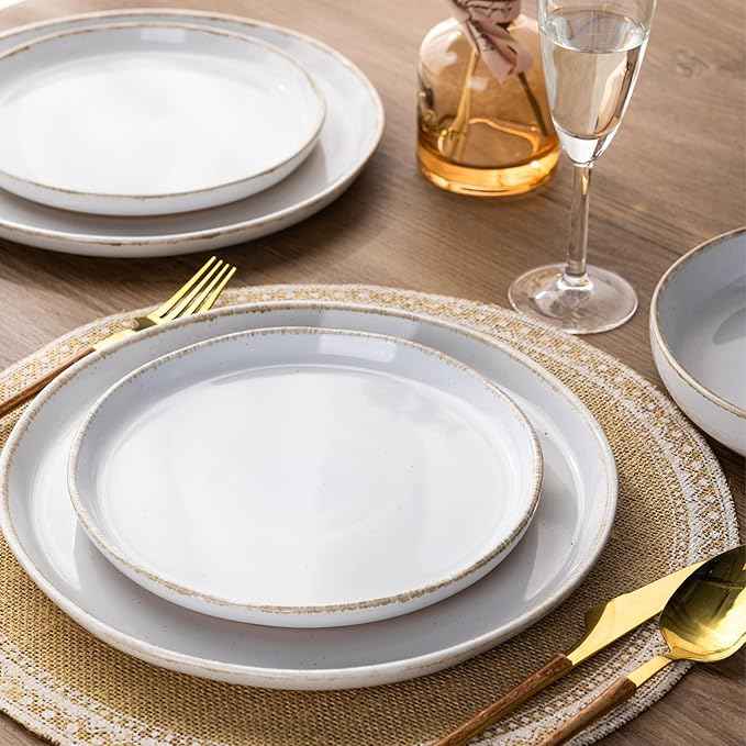 AmorArc Ceramic Dinnerware Sets with Pasta Bowls for 4, Handpainted Plates and Bowls Set with Rustic Terracotta Underside, Scratch Resistant Dishes Set, Dishwasher & Microwave Safe, 16 Pcs-White