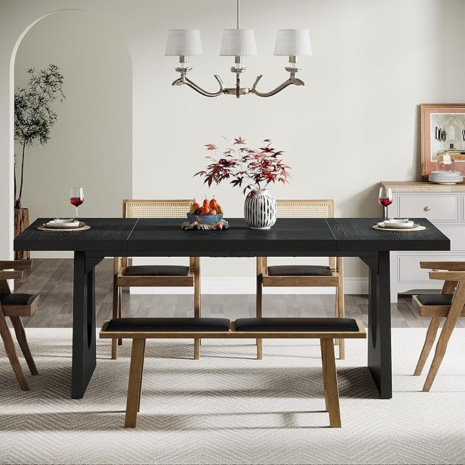Tribesigns Large Dining Table for 6-8 People, 70.9-Inch Wood Rustic Rectangular Table with Black Wooden Legs, Farmhouse Center Kitchen Table for Dining Room, Living Room, Home Furniture, Black