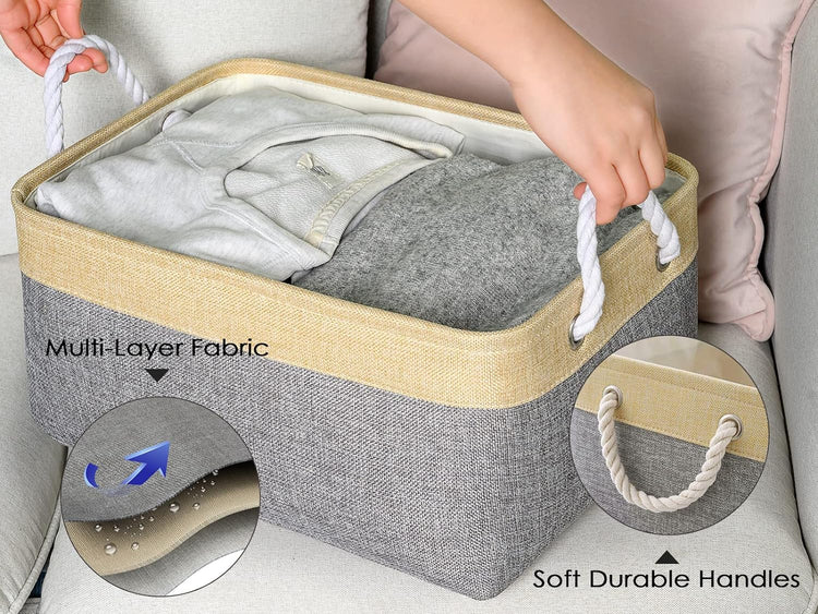 TheWarmHome Decorative Basket Rectangular Fabric Storage Bin Organizer Basket with Handles for Clothes Storage (Gold&Grey, Medium-1Pack,13.8L*9.8W*6.7H)