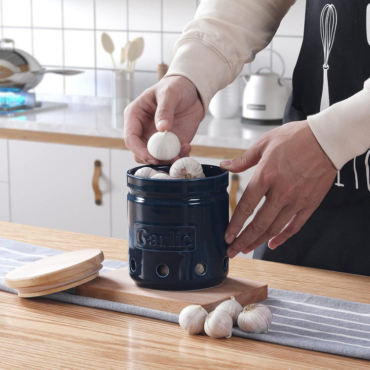 Large Garlic Keeper with Wooden Lid, Ceramic Garlic Holder Storage, Garlic Container for Kitchen, Garlic Saver to Keep Your Garlic Cloves Fresh Longer 4.5-Inch, Navy
