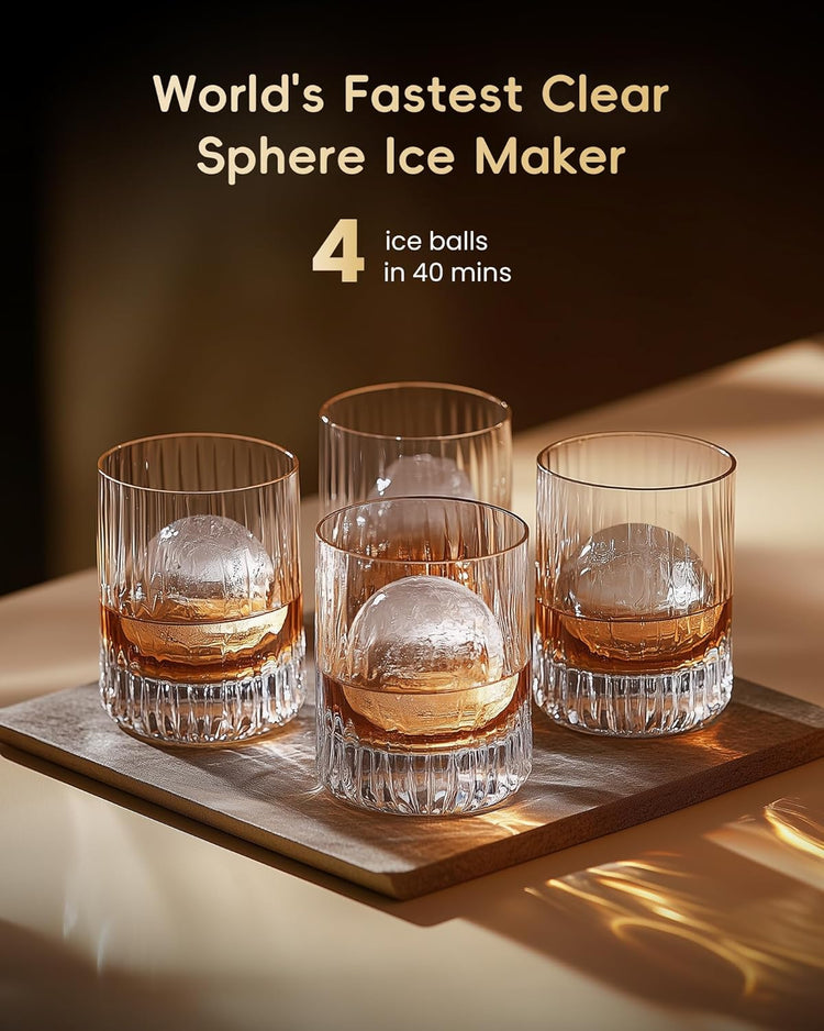 ecozy 2" Clear Ice Ball Maker with CrystalFlux Technology, 4 pcs in 40 Mins, 144 pcs/Day, Sphere Ice Maker with Enhanced Insulation, Automatic Water Supply, Self-Cleaning for Whiskey & Bourbon
