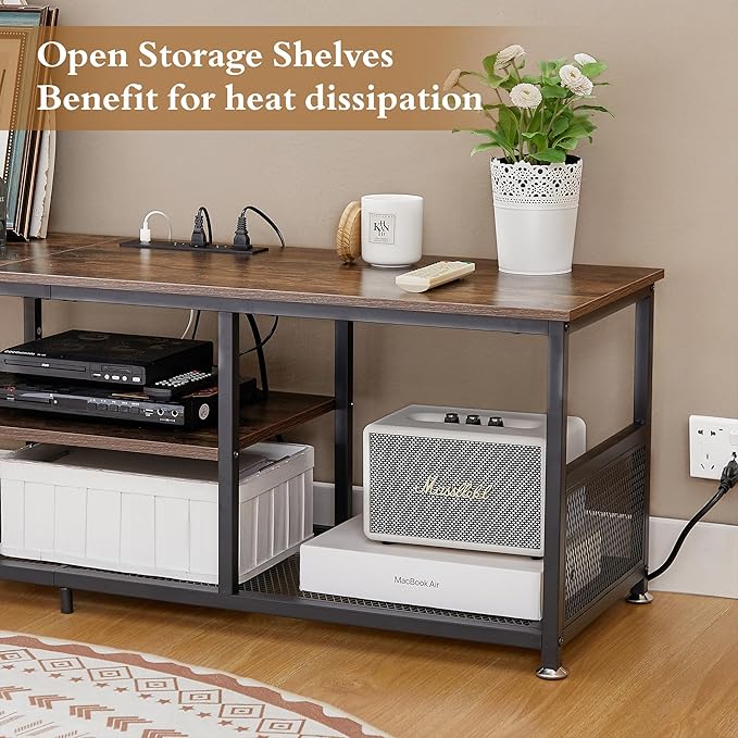 VECELO TV Stand with Power Outlets for Televisions up to 65Inch, 55" Media Entertainment Center with Charging Station 3-Tier Open Storage Shelves with Metal Frame for Living Room/Bedroom,Brown