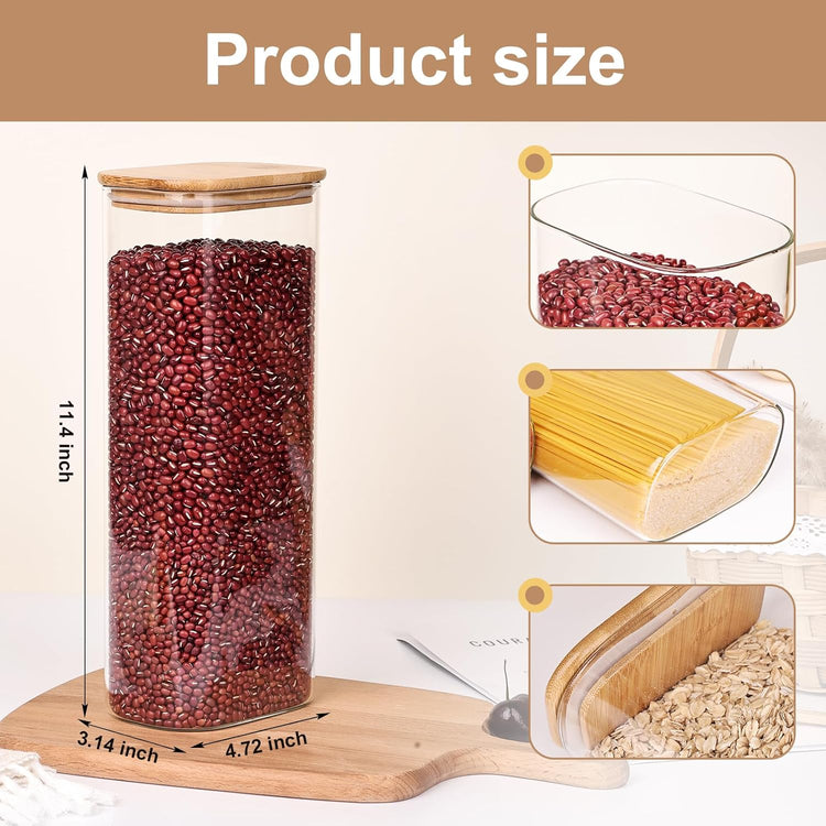 Liuruiyu Glass Storage Jars Set of 3, Clear Glass Food Storage Containers with Airtight Bamboo Lid Stackable Kitchen Canisters for Candy,Cookie,Rice,Sugar,Flour,Pasta(Flat)