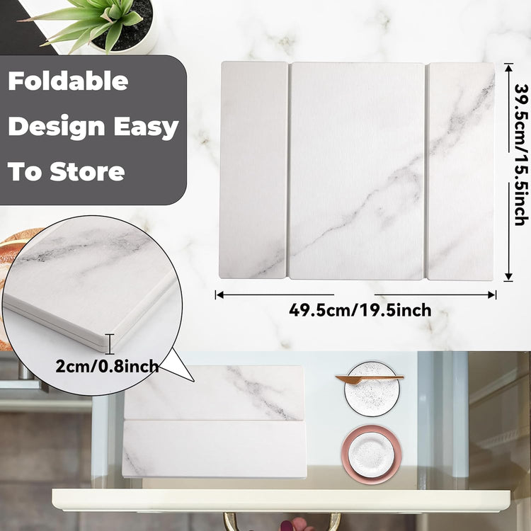 Quick Dry Collapsible Dish Drying Mat, Eco-Friendly Absorbent Diatomaceous Earth Mats for Dishes Bottles Cups 20"×16"Large Stone Dish Drying Mats for Kitchen Counter (White , 20"(L)×16"(W))