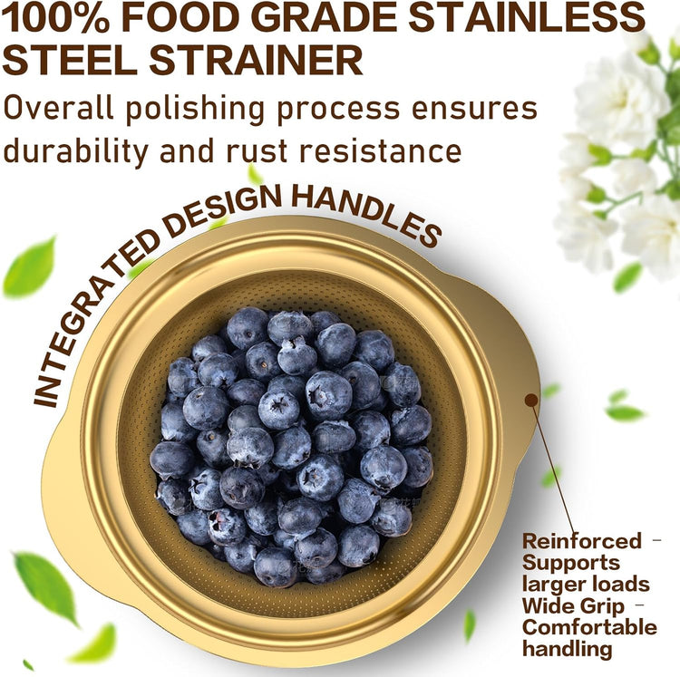 Stainless Steel Strainers for Kitchen, Stainless Steel Colander, Kitchen Strainer for Pasta Fruits Vegetables, 3 Pack Strainers and Colanders(2QT, 3QT, 5QT), Rust-Proof & Dishwasher Safe, Gold