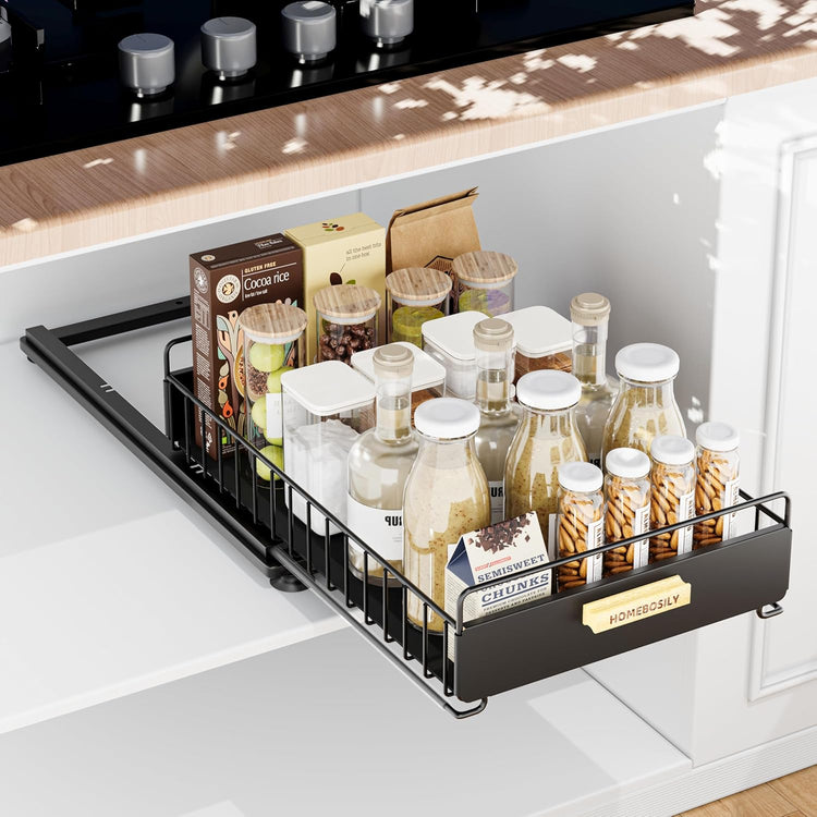 Under Sink Organizer, Kitchen Under Sink Organizers and Storage, Mute Pull Out Cabinet Organizer Shelf, Metal Sliding Drawer for Kitchen Bathroom Pantry Cabinet Closet Organization Rack, Black