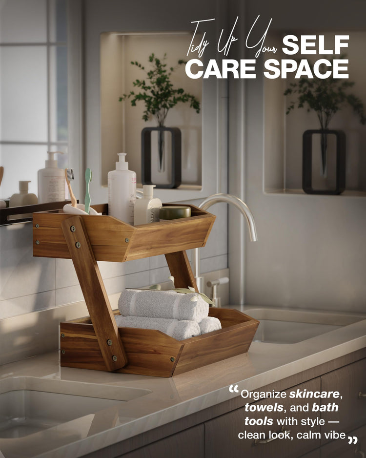 2 Tier Acacia Wood Fruit Stand for Kitchen Countertop Storage