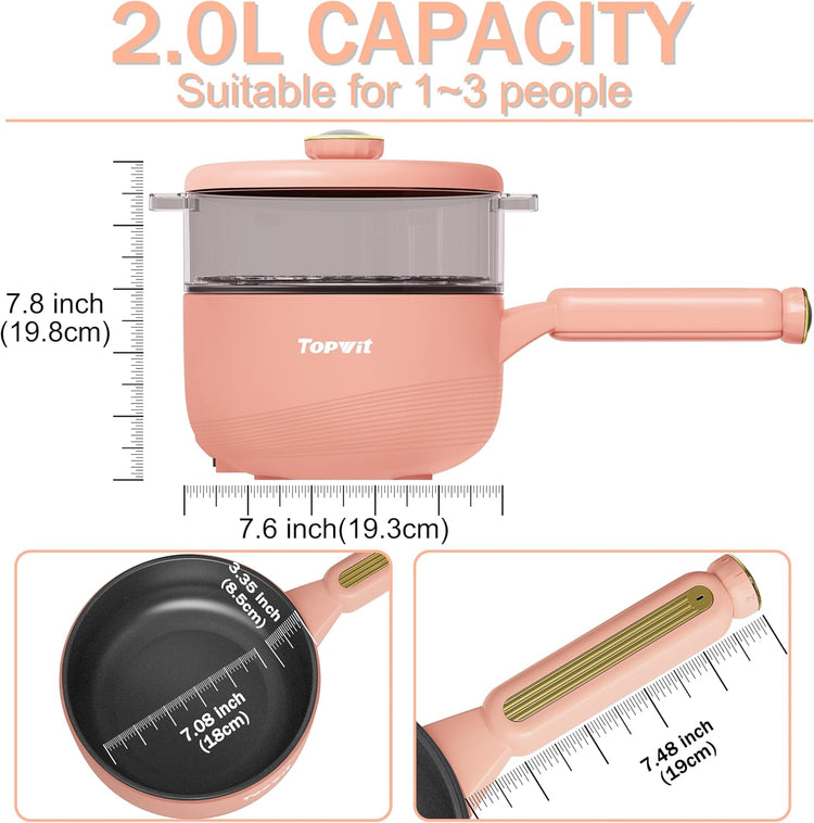TOPWIT Hot Pot Electric with Steamer, đđ Electric Pot, Non-Stick Portable Cooker, Portable Pot, SautĂ© Pan for Steak, Egg, Ramen, Soup with Dual Power Control (Silicone Spatula Included), Peach