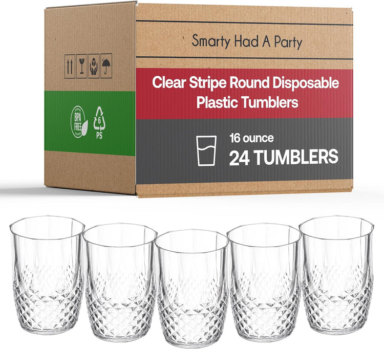 Smarty Had A Party 16 oz Clear Unbreakable Crystal Cut Tumblers Pack of 24, Elegant Disposable Plastic Cups for Cocktails, Parties, and Events