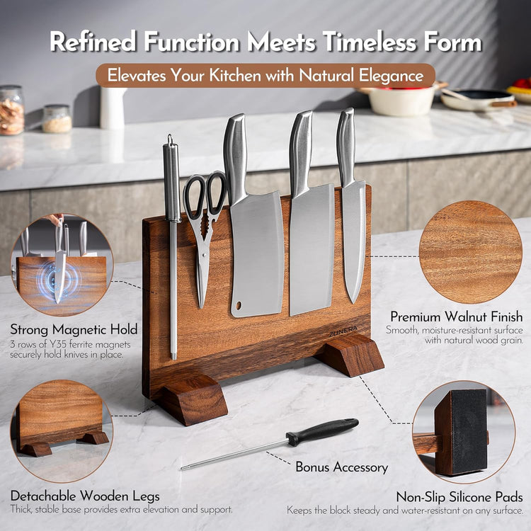 Double-Sided Magnetic Knife Block โ 13.8.5 x 9.1 Inch Walnut Wood Knife Holder with 24 Powerful Magnets, Universal Knife Storage Stand with Non-Slip Base & Sharpening Rod
