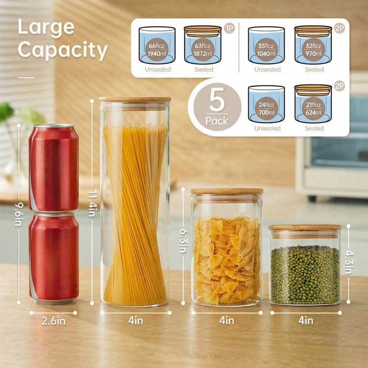 Round Glass Storage Containers with Bamboo Lids for Pasta & Flour (5 Count)