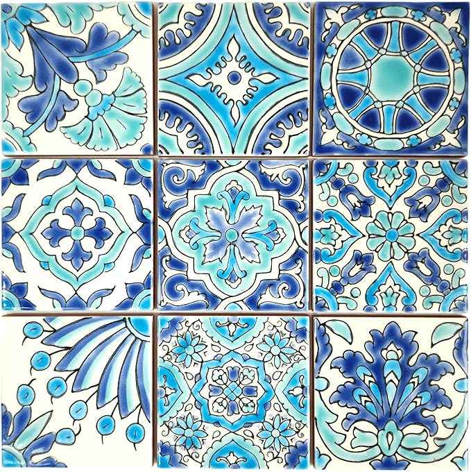 DYARI Set of 9 Decorative Ceramic Tiles – Hand Painted Indoor & Outdoor – Artisan Top Kitchen – Mediterranean Decorative 4x4 / One Tile Durable Colorful (Turquoise & Blue, 45 Tiles (5 Sq Ft))