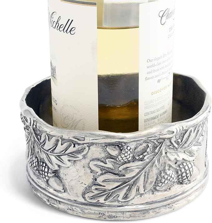Vagabond House Wine Bottle Coaster Handcraft Pewter Acorn and Oak Leaf Pattern Heirloom Quality 5 inch Diameter x 2.25 inch Tall