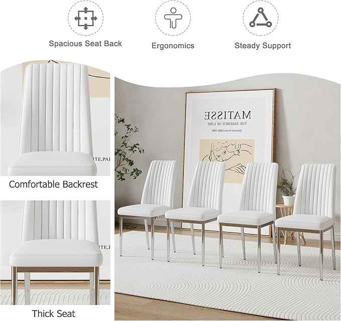 White Modern Dining Chairs Set - PU Leather Armless Upholstered Chairs with Chrome Legs for Dinner Room, Waiting Room (Set of 8, White)