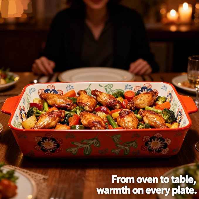 Ceramic Baking Dish Set, 2-Piece Stoneware Bakeware with Handles, 3QT & 1.2QT Casserole Dishes for Oven to Table, Microwave Dishwasher Safe, Lead-Free, Hand-Painted Bakeware -Warm Orange
