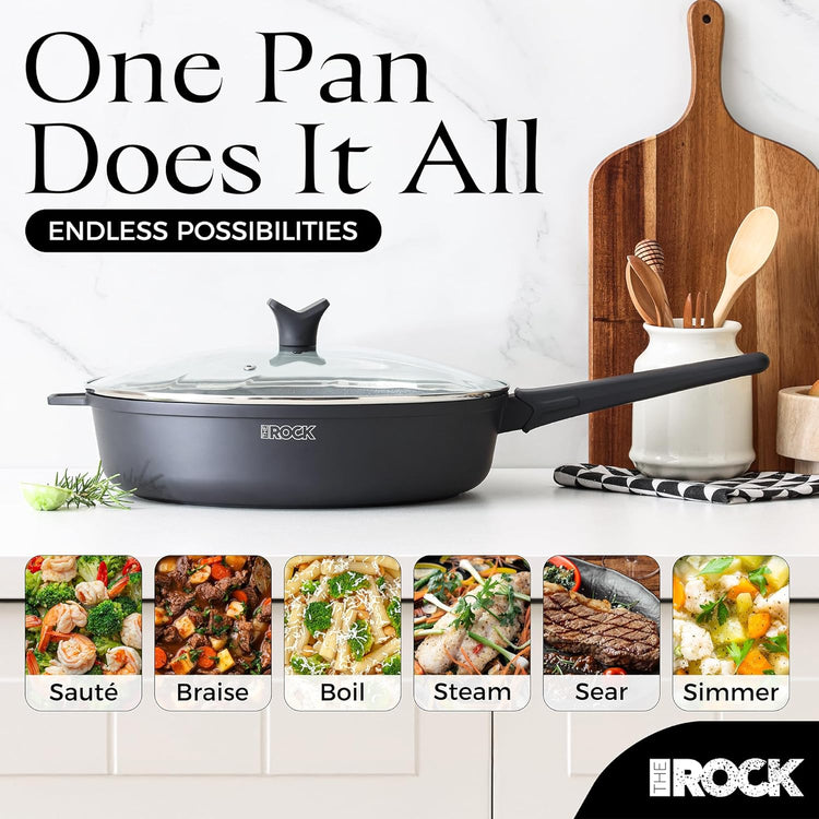 THE ROCK SOHO 4 Qt Nonstick Deep Frying Pan Skillet with Glass Lid, 11 Inch Large Deep Frying Pan, Non Stick Saute Pan – Stay-cool Handle, Induction Compatible, Oven & Dishwasher Safe, Black
