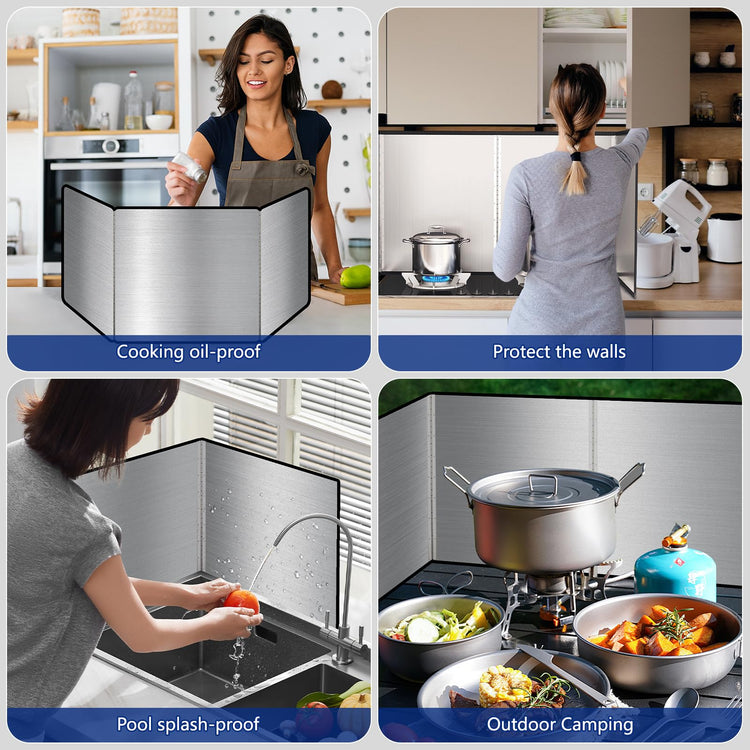 2 Pieces 2 Sided Grease Splatter Guard Foldable Splatter Guard for Stove Stainless Steel Oil Splatter Screens Backsplash for Wall Gas Range Frying Pan Camping