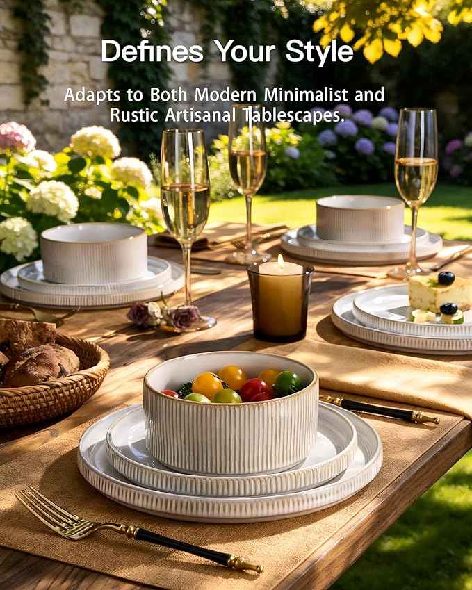 24-Piece Dinnerware Set for 8, Famiware Premium Stoneware Dish Set with Ribbed Plates and Deep Bowls, Double Reactive Glaze, Chip & Scratch Resistant, Microwave & Dishwasher Safe, Cappuccino White