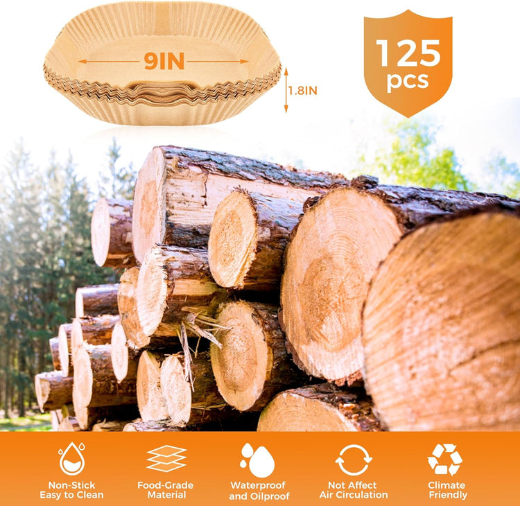 Vailnd Air Fryer Disposable Paper Liners 9inch Square, 125PCS Non-Stick Food Grade Air Fryer Parchment Paper, Oil Resistant & Waterproof Baking Liner for 8-12 QT Air Fryer Oven