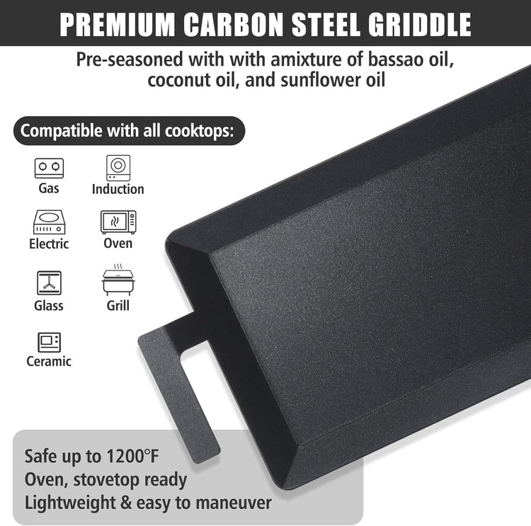 SafBbcue Carbon Steel Griddle Plate for Gas Grill, Carbon Steel Pan for Stove Top, Flat Top Griddle for Outdoor Charcoal Grill, Direct Flame Safe & Induction Compatible, Universal Multi-Use 24" x 10" - Nestoria