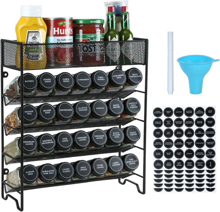 Spice Rack Organizer with 28 Spice Jars, Black Lids,Spice Labels, Chalk pen and Funnel Set for Cabinet, Countertop, Pantry, Cupboard or Wall Mount