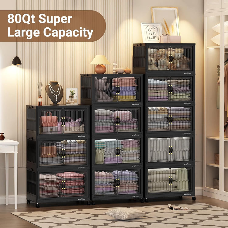 400Qt Stackable Storage Bins with Lid, Extra Large Closet Organizer Collapsible Drawer Boxes with Wheels, Folding Plastic Cabinet Containers for Home Kitchen Room Organization, 5Pack Black