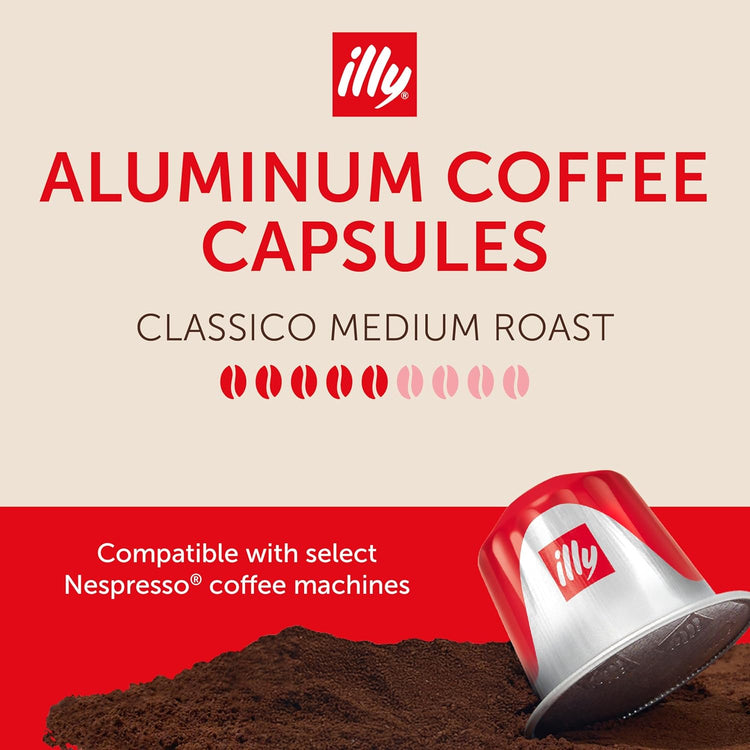 illy Aluminum Espresso Capsules - Compatible with Nespresso Machines - Classico Medium Roast Coffee- Mild&Balanced-Notes of Caramel,Orange Blossom&Jasmine Single Serve Capsules - 10 Count (Pack of 5)