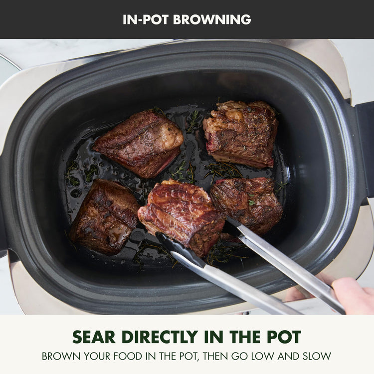 Elite 14-in-1 Nonstick 6QT Electric Slow Cooker, PFAS-Free Ceramic Multi-Cooker, In-Pot Browning, Dishwasher Safe Lid & Removable Crock, Stainless Steel Steamer, Silicone Handles, Black