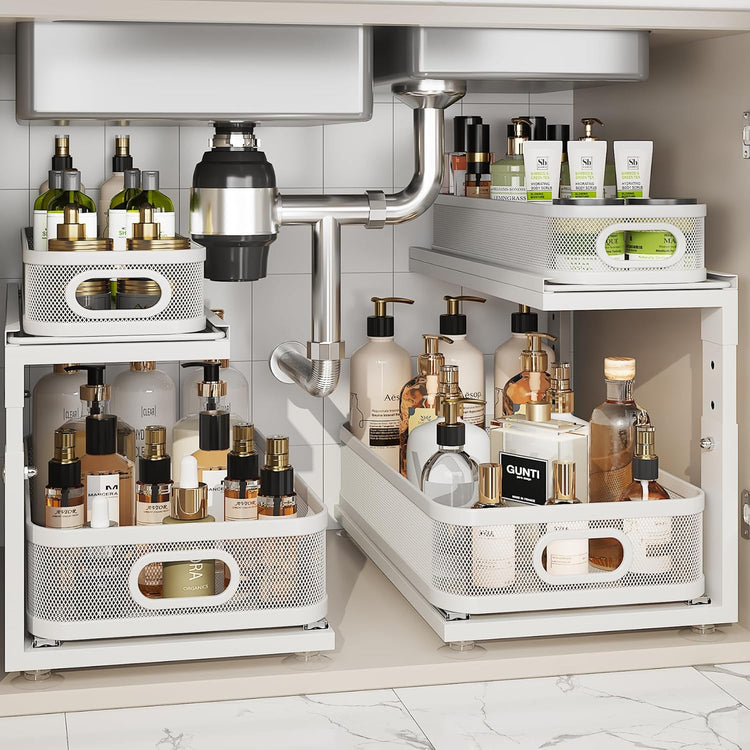 2 Pack 18.5IN-Depth Under Sink Organizer With Next-Gen Ball-Bearing Slides,2-Tier Precision Mesh Pull Out Cabinet Storage for Bathroom&Kitchen,Height Adjustable Drawers Shelf,Anti-rust-White