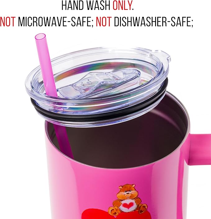 Silver Buffalo Care Bears Watercolor Heart Ombre Double Walled Stainless Steel Tumbler with Handle and Straw, Fits in Standard Cup Holder, 40 Ounces