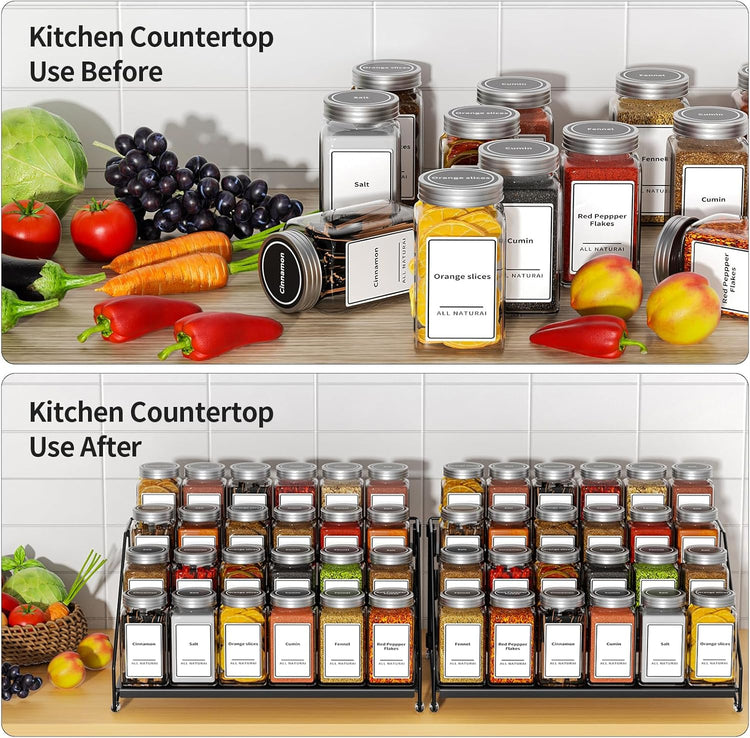 4 Tier Spice Rack Organzier, Spice Rack for Cabinet, Adjustable Depth Seasoning Shelf for Countertop, Pantry, Seasoning Organizer, Metal, Black (2 Pack)