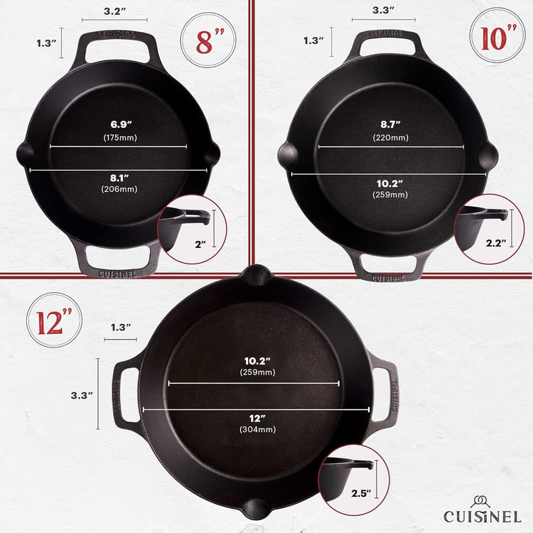 Cast Iron Skillet + Cast Iron Lid Set - 8"+10"+12" Dual Handle Frying Pans + Pan Scraper + Silicone Handle Holder Covers - Pre-Seasoned Indoor/Outdoor, Grill, Stovetop, Induction, Oven Safe Cookware - Nestoria