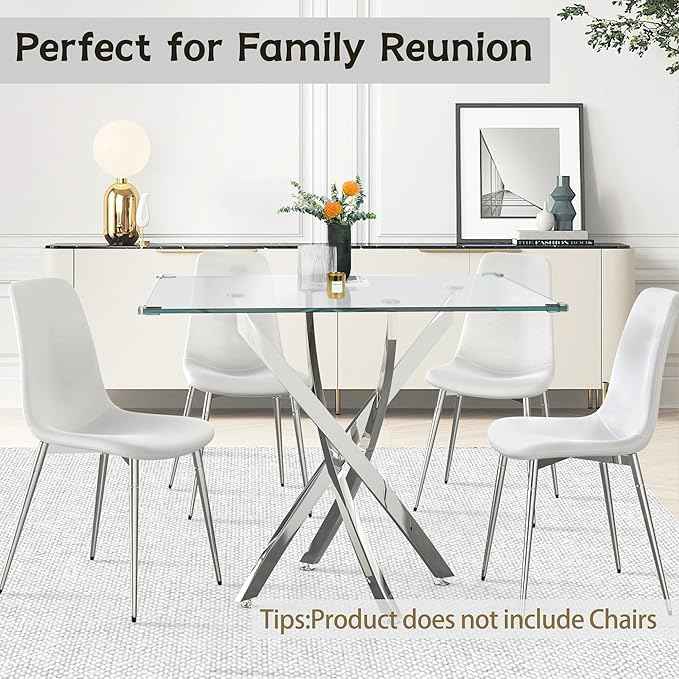 36" Square Glass Dining Table Set for 4, 5-Piece Modern Kitchen Table with 4 Blue Scoop-Shape Velvet Chairs, Modern Circle Leisure Table for Home Office Dining Room Small Spaces (Silver Leg)