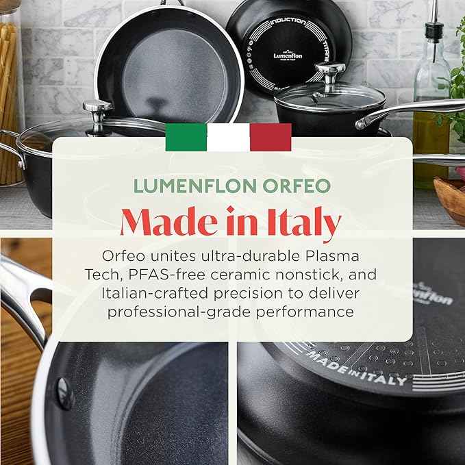 Orfeo 11” Nonstick Frying Pan, Made in Italy, Diamond Ceramic PFAS-Free Cookware, Induction Ready, Scratch Resistant, Laser-Fused Surface for Durability, Dishwasher Safe, Black