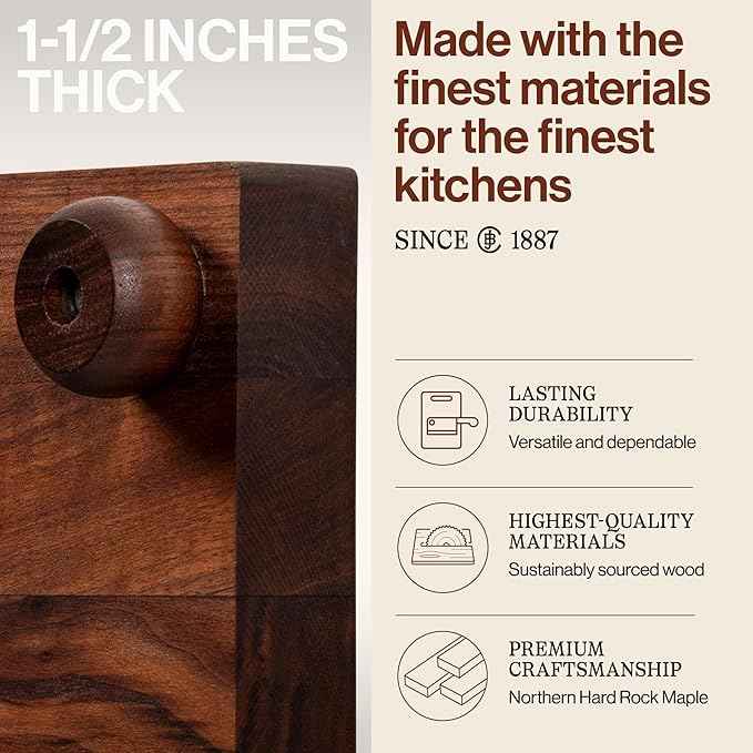 John Boos B Series Square Wooden Walnut Cutting Board 9”x9” – 1.5” Thick, 3-lb Non-Reversible Butcher Block with Wood Bun Feet & Edge-Grain