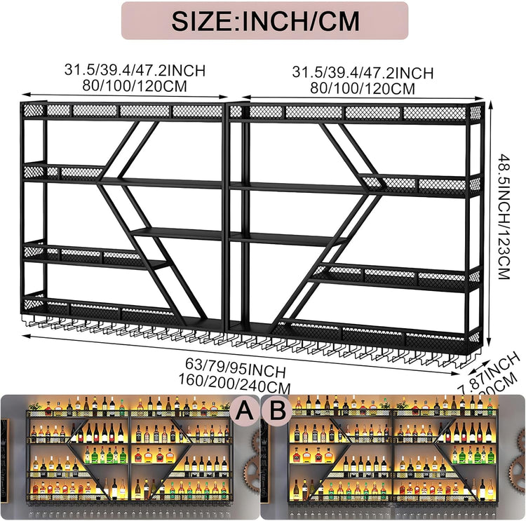 79inch Metal Wine Rack Wall Mounted, Modern Wine Storage Rack Wall Mounted with Wine Glass Holder, Liquor Shelf, Bar Shelves for Liquor Bottles (4 Tiers Black, 79 * 7.87 * 48.5INCH)