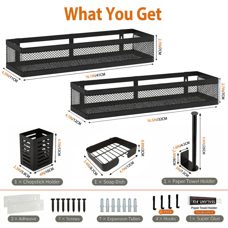 5-in-1 16.5" Extra Long Slim Wall Mount Wrapped Mesh Kitchen Organizer & Shower Caddy Kit, with Paper Towel Holder, Utensil Holder, Soap Dish, Holds 50LBS - Matte Black, Netting