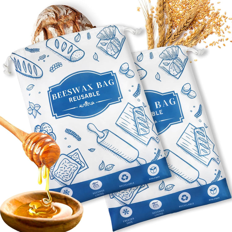 2-Pack Beeswax Bread Bags for Homemade Bread,Reusable Sourdough Storage Bags with Premium Beeswax Coating for Loafs Baguette Fresh Keeping,Great Baking Essentials and Gifts for Families & Friends.